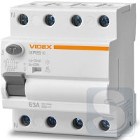 УЗО VIDEX RESIST тип АC 4п 30мА 10кА 63А VF-RS10-DR4AC63