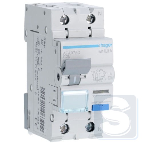 Диф автомат 1P+N 6kA Тип C 25A 300mA A Hager AFA975D