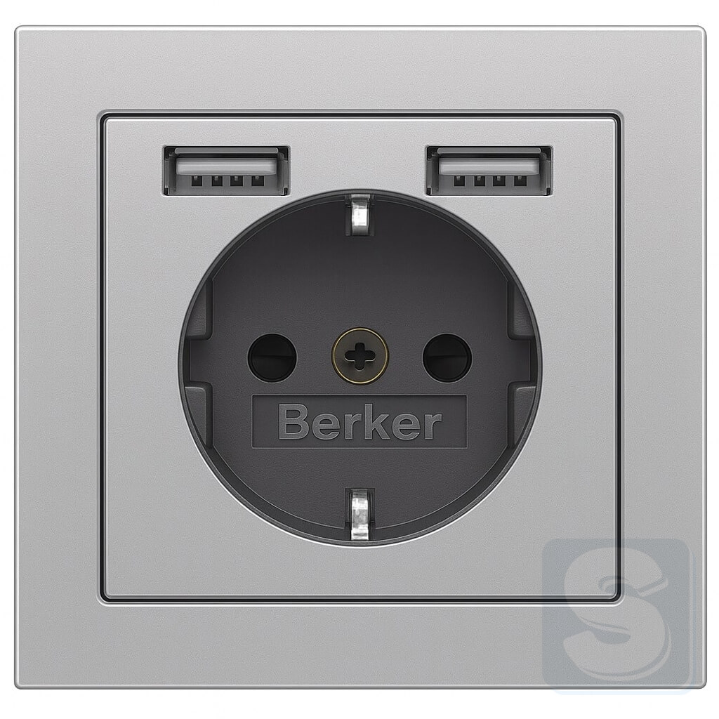 Розетка із з/к 16А + 2хUSB/2.4A алюміній з ефектом оксамиту, Hager Berker Q3 (48036084-Q3)