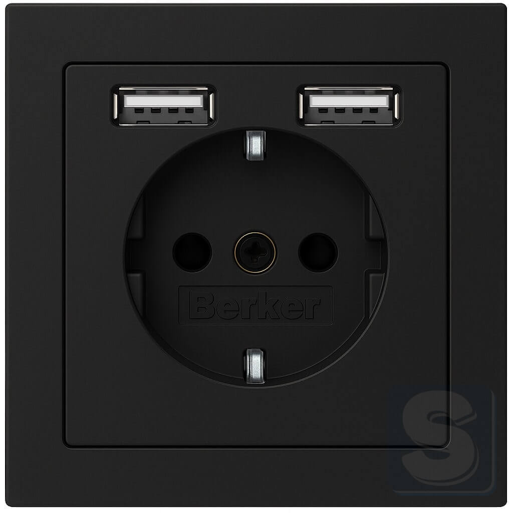 Розетка з з/к 16А + 2хUSB 2.4A антрацит з ефектом оксамиту, Hager Berker Q3 (48036086-Q3)