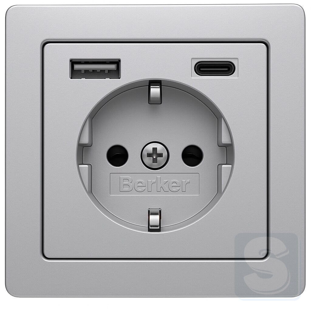 Розетка із з/к 16А + 2хUSB A-С /3A алюміній з ефектом оксамиту, Hager Berker Q1 (48046084-Q1)