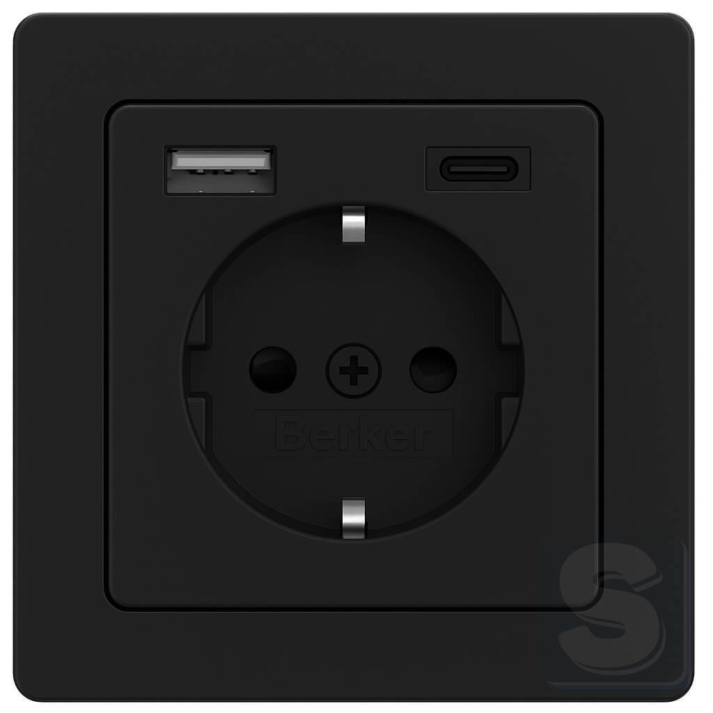 Розетка з з/к 16А + 2хUSB A-С /3A антрацит з ефектом оксамиту, Hager Berker Q1 (48046086-Q1)