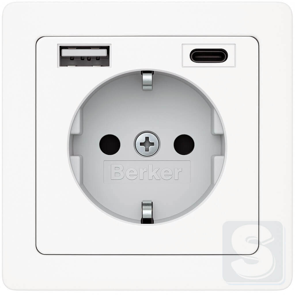 Розетка з з/к 16А + 2хUSB A-С /3A полярна білизна з ефектом оксамиту, Hager Berker Q1 (48046089-Q1)