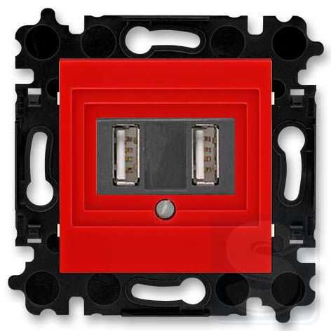Двойная USB розетка ABB Levit красный-дымчатый