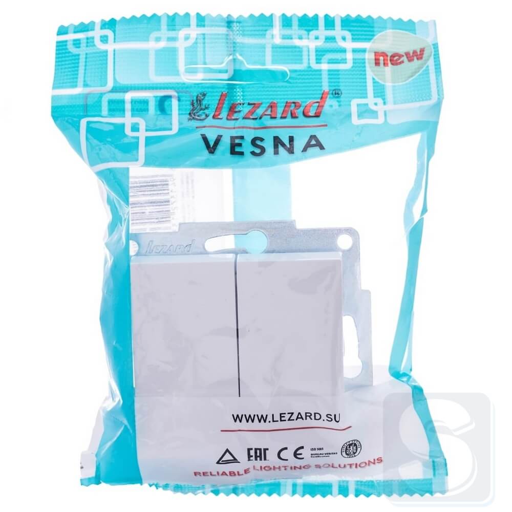 Вимикач 2кл Lezard VESNA Білий без рамки 742-0288-101 -5