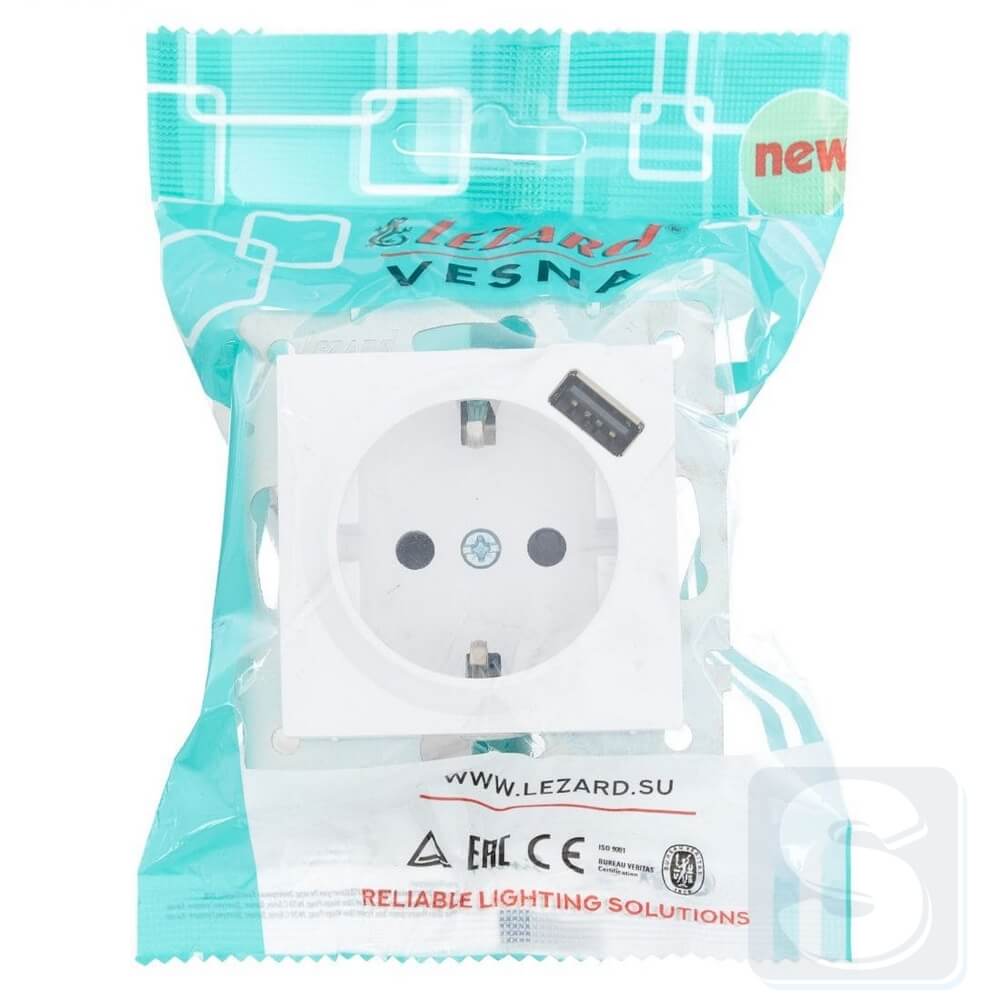 Розетка із з\к 1xUSB Lezard VESNA Білий без рамки 742-0288-181 -3
