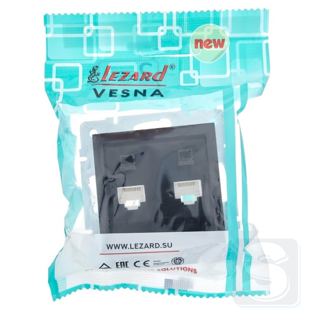 Розетка комп RJ45х2 Lezard VESNA чорний антрацит 742-4288-141 -4