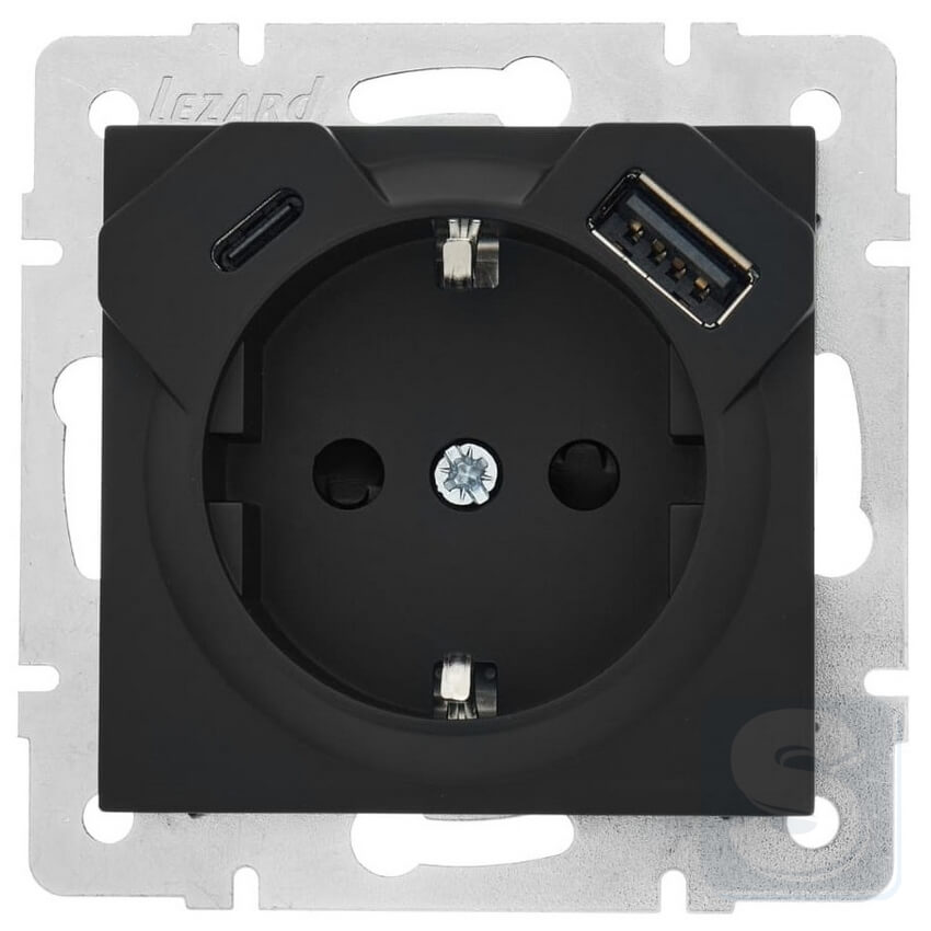 Розетка із з\к TC+USB Lezard VESNA чорний матовий 742-4288-181TC -1