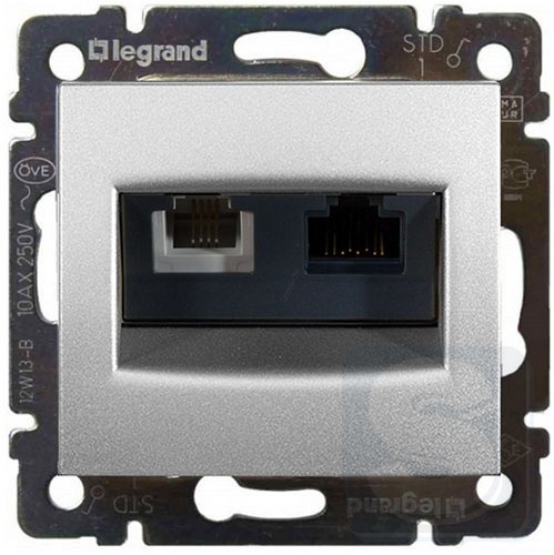 Розетка телефонная и компьютерная RJ11+RJ45 кат. 6 UTP Legrand Valena 770280 алюминий