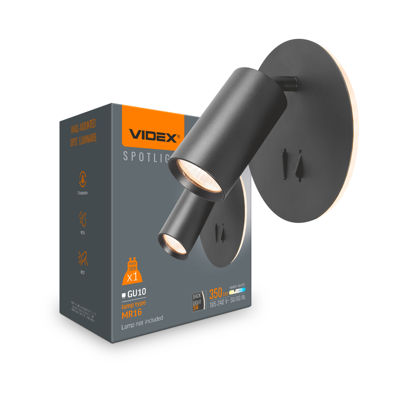 Настенный светильник бра Videx SPF24E черный под лампу GU10 с декоративной подсветкой 5 Вт, поворотный, с кнопкой включения, IP20, алюминиевый корпус в современном интерьере гостиной.