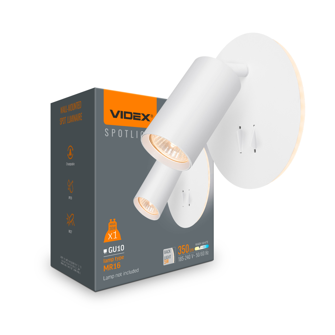 Настенный светильник бра Videx SPF24E белый под лампу GU10 с декоративной подсветкой, поворотный, с кнопкой включения, IP20, алюминиевый корпус в современном интерьере гостиной.